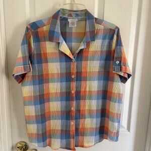 Bon worth women’s small petite short sleeve Plaid￼camp shirt Button Down